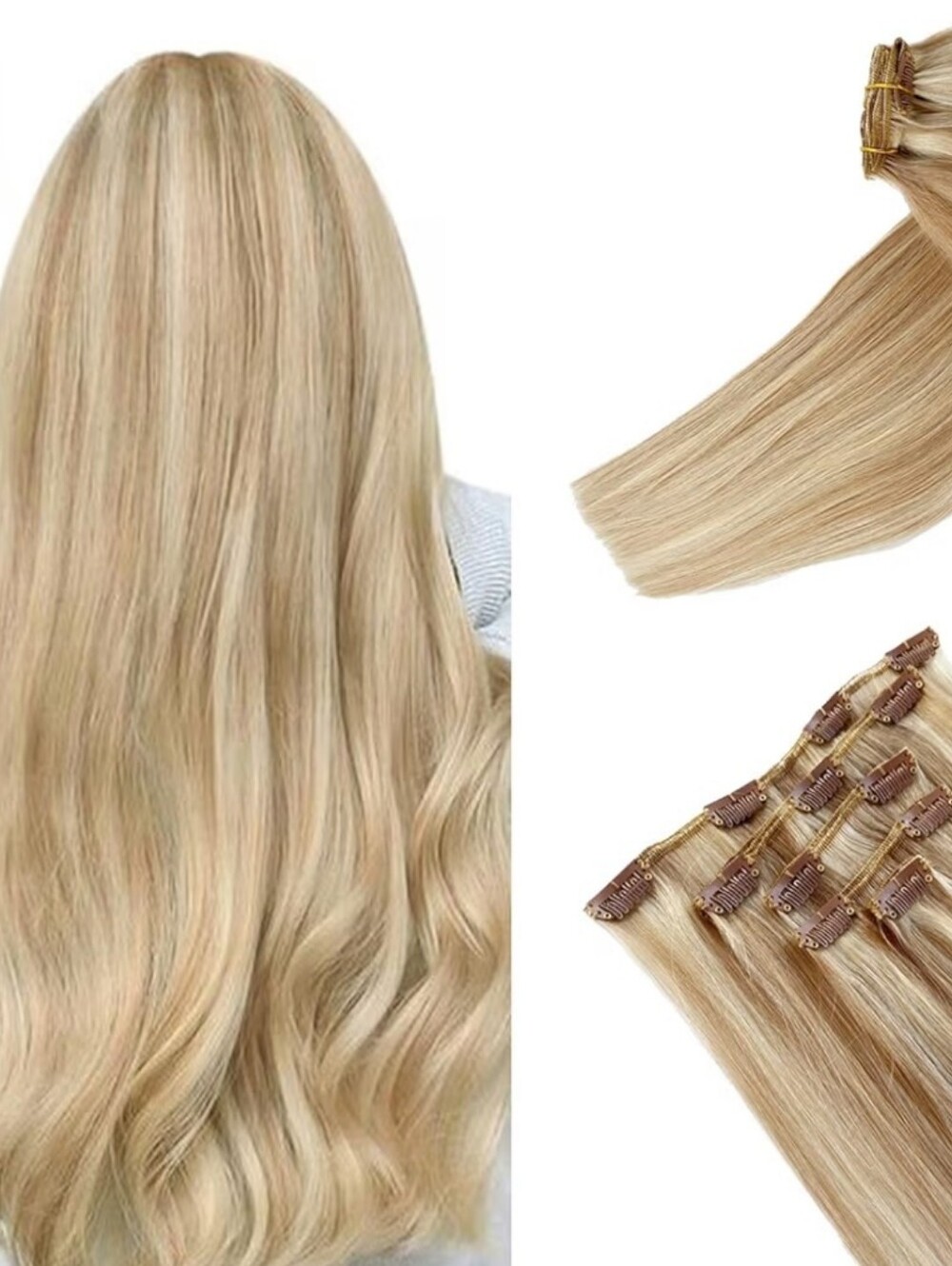 Human Hair Straight Clip In Extension 5 Pcs Ash to Platinum Blonde Ombre 22" 70g